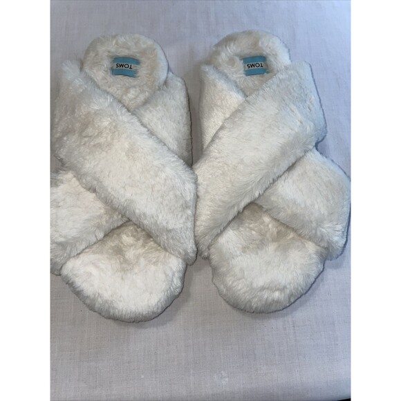 Toms Comfy Slippers Women's Size 11 M White Fleece Slip On Comfort Cross Strap - Picture 7 of 12